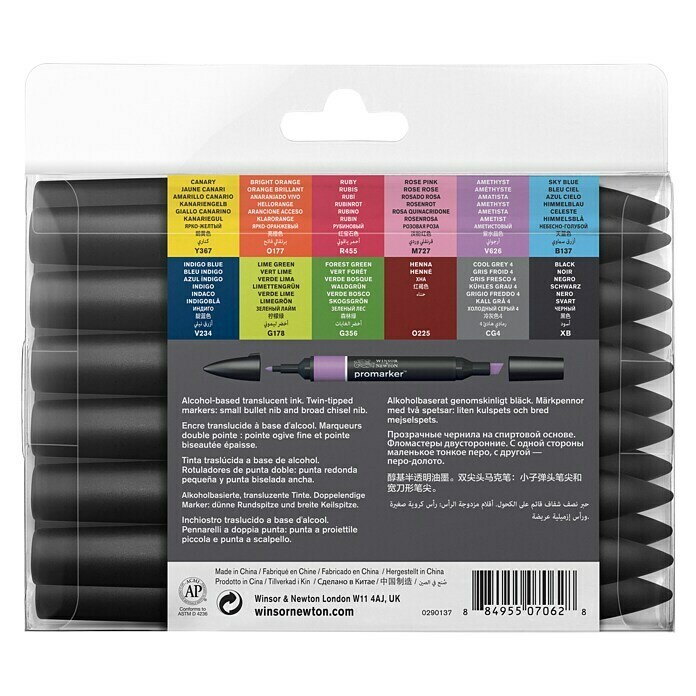 Winsor & Newton Promarker-SetFarbig sortiert, 12 -tlg., 2 Spitzen Back View