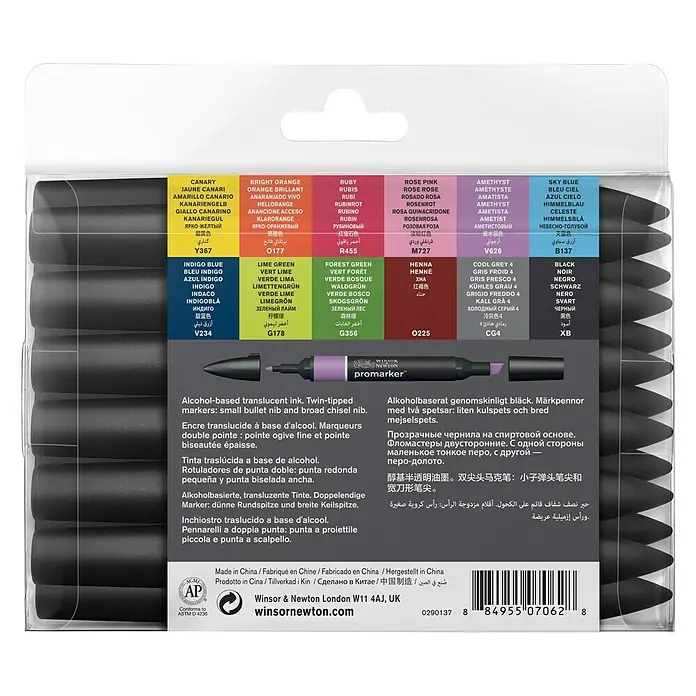 Winsor & Newton Promarker-Set - Farbig sortiert, 12 -tlg., 2 Spitzen - Winsor & Newton ProMarker Set: Alkoholbasierte Marker mit feiner und breiter Spitze für vielfältige Anwendungen.