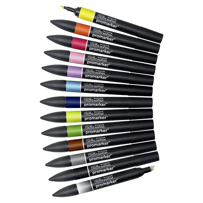 Winsor & Newton Promarker-Set - Farbig sortiert, 12 -tlg., 2 Spitzen - Ein Set Winsor & Newton Promarker mit verschiedenen Farben, gestapelt und übersichtlich angeordnet für kreative Projekte.