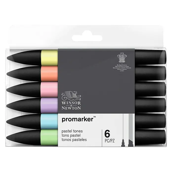 Winsor & Newton Promarker-Set - Pastell Töne, 6 -tlg., 2 Spitzen - Eine Packung Winsor & Newton Promarker in Pastelltönen mit sechs Stiften, ideal für Künstler und kreative Projekte.