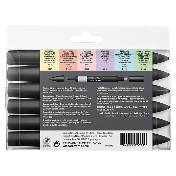 Winsor & Newton Promarker-Set - Pastell Töne, 6 -tlg., 2 Spitzen - Winsor & Newton Promarker Set mit Pastelltönen, ideal für Künstler und Designer, mit feiner und breiter Spitze.