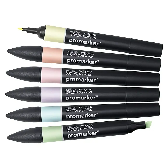 Winsor & Newton Promarker-Set - Pastell Töne, 6 -tlg., 2 Spitzen - Eine Nahaufnahme von einer Auswahl an Winsor & Newton Promarker Stiften in verschiedenen Pastelltönen.