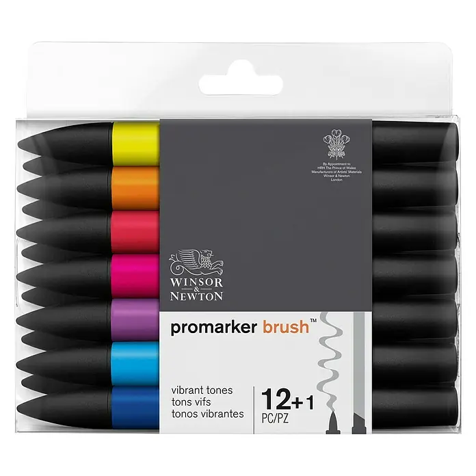 Winsor & Newton Brushmarker-Set - Lebendige Farben, 12 -tlg. - Eine Packung Winsor & Newton Promarker Brush Stifte mit 12+1 lebendigen Farben für Künstler und kreative Projekte.