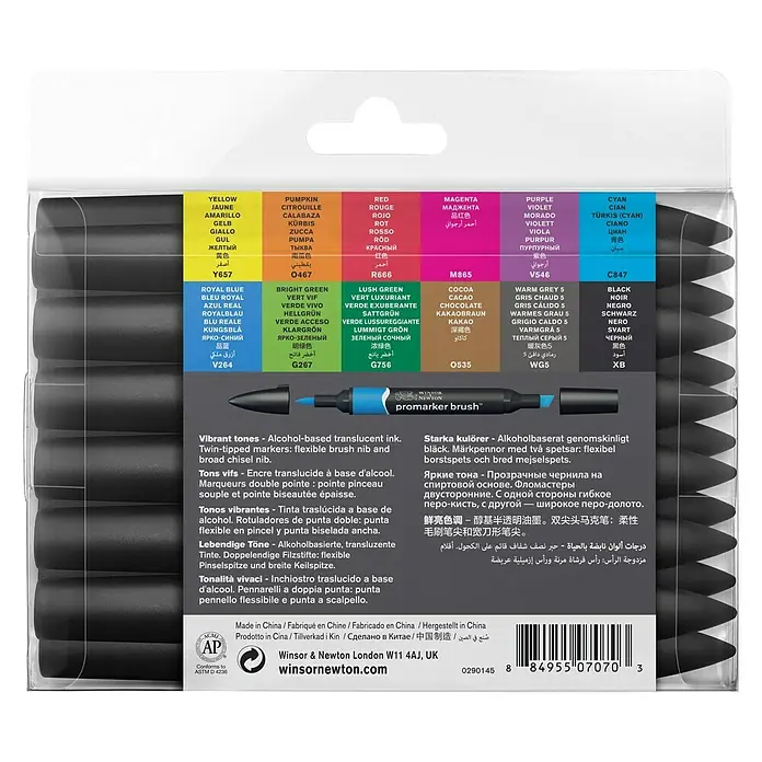 Winsor & Newton Brushmarker-Set - Lebendige Farben, 12 -tlg. - Winsor & Newton ProMarker Brush Set, ein Set mit Farbstiften auf Alkoholbasis mit flexibler Pinselspitze und breiter Keilspitze.