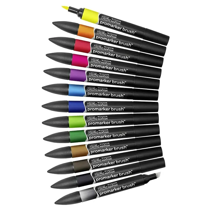 Winsor & Newton Brushmarker-Set - Lebendige Farben, 12 -tlg. - Eine Sammlung von Winsor & Newton ProMarker Brush Stiften in verschiedenen Farben, ideal für Kunst und Design.