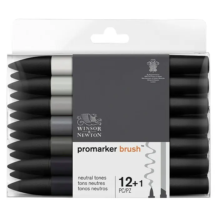 Winsor & Newton Brushmarker-Set - Neutrale Farben, 12 -tlg. - Eine Packung Winsor & Newton ProMarker Brush Stifte in neutralen Tönen mit 12+1 Stiften, ideal für Künstler und Illustratoren.