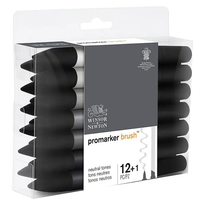 Winsor & Newton Brushmarker-Set - Neutrale Farben, 12 -tlg. - Ein Set Winsor & Newton Promarker Brush Stifte in neutralen Tönen, ideal für Künstler und Designer.