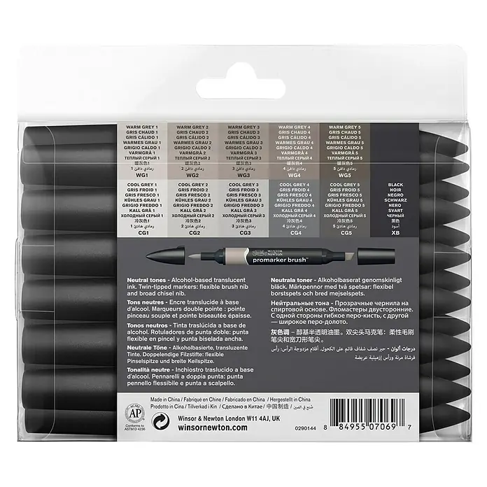 Winsor & Newton Brushmarker-Set - Neutrale Farben, 12 -tlg. - Winsor & Newton ProMarker Brush Set: Alkoholtinte, zwei Spitzen - flexibler Pinsel und breite Keilspitze.
