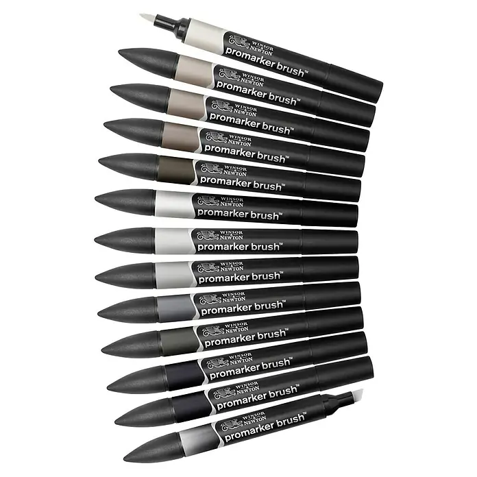 Winsor & Newton Brushmarker-Set - Neutrale Farben, 12 -tlg. - Nahaufnahme einer Auswahl an Winsor & Newton Promarker Brush Stiften in verschiedenen Grautönen. Ideal für Illustrationen und Designarbeiten.