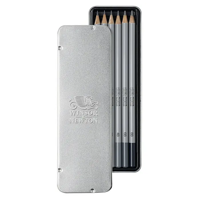Winsor & Newton Bleistift-Set - 6 -tlg., Grau - Abbildung einer Winsor & Newton Bleistiftbox mit verschiedenen Grafitstärken, ideal für Künstler und Zeichenliebhaber.