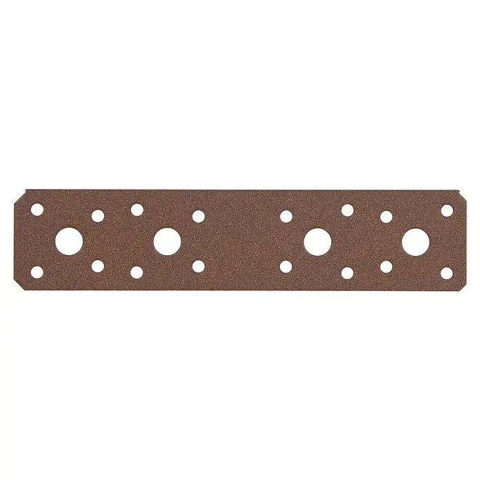 Alberts Pletina de ensamblaje - L x An x Es: 180 x 40 x 2 mm, Marrón óxido - Conector metálico con múltiples agujeros de varios tamaños para asegurar estructuras de madera.