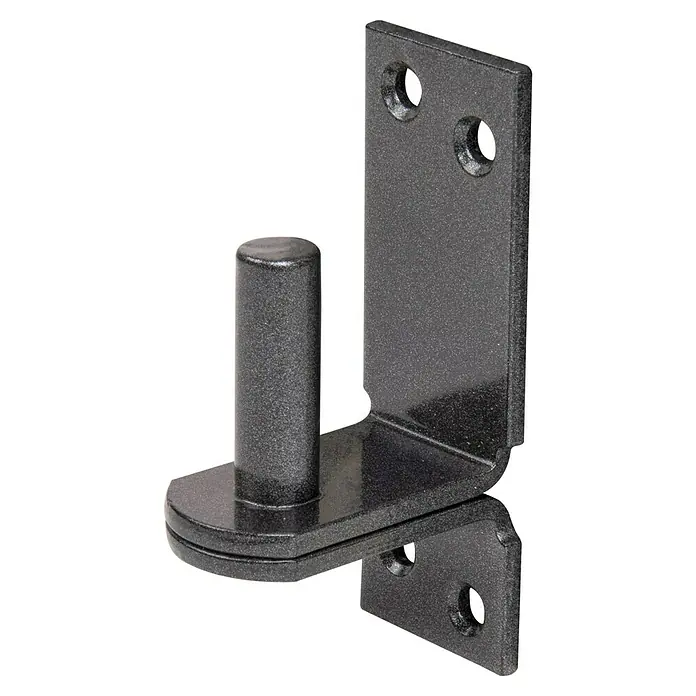 Alberts Gozne Duravis® - Altura: 100 mm, Diámetro mandril: 13 mm, Distancia desde mandril hasta placa: 25 mm, Diamante negro - Primer plano de un soporte tope de puerta negro con placas de montaje y un perno cilíndrico.