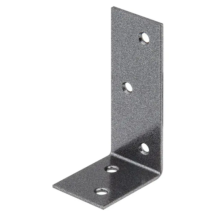Alberts Escuadra para vigas Duravis® - L x An x Al: 80 x 40 x 30 mm, Acero, Diamante negro - Primer plano de un ángulo de metal con múltiples agujeros para la fijación, utilizado para muebles, estanterías u otras construcciones.