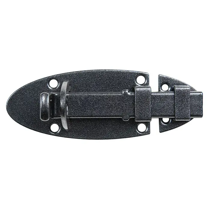 Alberts Pestillo deslizante Duravis® - L x An: 90 x 44 mm, Diamante negro - Un cerrojo deslizante metálico sobre un fondo negro.