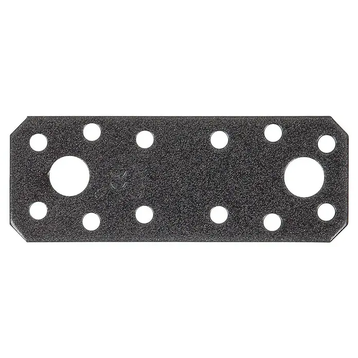 Alberts Pletina de ensamblaje - L x An x Es: 96 x 35 x 2,5 mm, Diamante negro - Primer plano de una placa de unión metálica utilizada para la construcción y conexiones. Tiene un diseño rectangular, que ofrece durabilidad.
