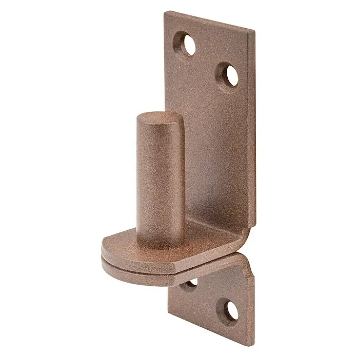 Alberts Kloben Duravis® - Höhe: 115 mm, Durchmesser Dorn: 16 mm, Abstand Dorn bis Platte: 13 mm, Rostbraun - Nahaufnahme eines bronzefarbenen Türbandes mit Bolzen und Montageplatte, ideal für rustikale Türen.