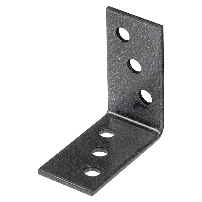 Alberts Conector en ángulo Duravis® - L x An x Al: 40 x 40 x 20 mm, Diamante negro, Espesor: 2 mm - Primer plano de un ángulo metálico con múltiples agujeros para una fijación segura, ideal para construcciones robustas.