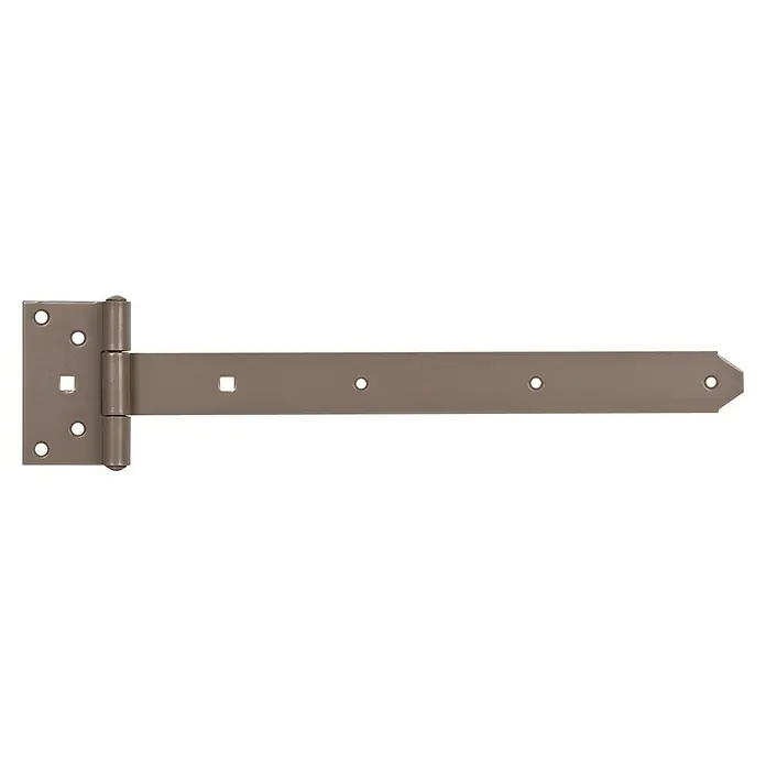 Alberts Kreuzgehänge Duravis® - L x H: 391 x 40 mm, Stahl, Perlbeige - Nahaufnahme eines braunen Ladenbandes, das für die Befestigung und das Öffnen von Türen oder Toren verwendet wird. Es bietet Stabilität und Funktionalität.