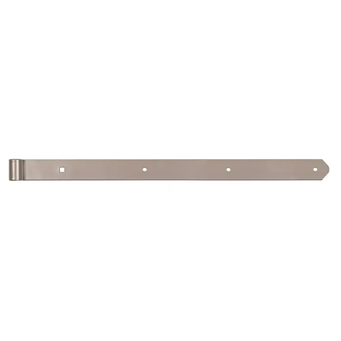 Alberts Scharnier Duravis® - L x B: 600 x 40 mm, Stärke: 5 mm, Verzinkt, Perlbeige - Nahaufnahme eines langen, beigen Türbandes mit mehreren Befestigungslöchern und einem Scharnier für eine sichere und robuste Türbefestigung.