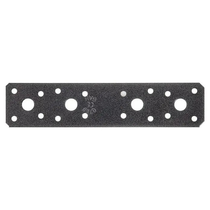 Alberts Pletina de ensamblaje - L x An x Es: 180 x 40 x 2 mm, Diamante negro - Una placa metálica con agujeros, diseñada para asegurar componentes estructurales juntos. Este conector metálico asegura la estabilidad en las construcciones.