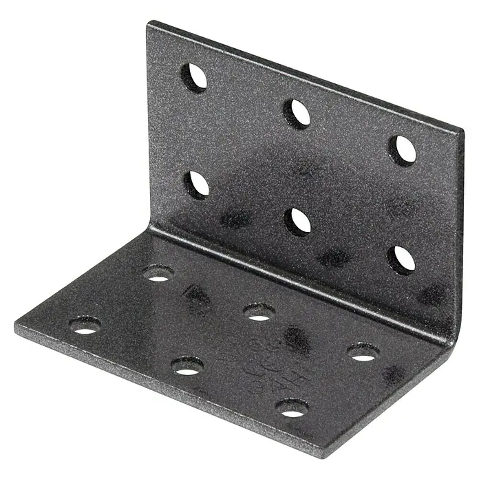 Alberts Lochplattenwinkel Duravis® - L x B x H: 60 x 40 x 40 mm, Schwarz - Detailaufnahme einer anthrazitfarbenen Winkelverbindung aus Metall mit mehreren Löchern, die Stabilität und sichere Befestigung gewährleistet.