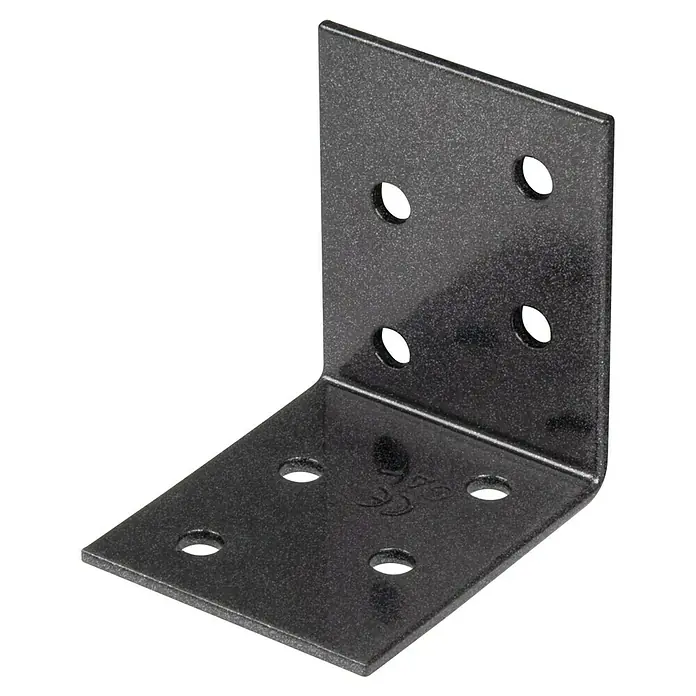 Alberts Conector en ángulo Duravis® - L x An x Al: 50 x 50 x 40 mm, Diamante negro, Espesor: 2 mm - Primer plano de un ángulo metálico negro con múltiples orificios, utilizado para la estabilidad y la fijación en construcciones.