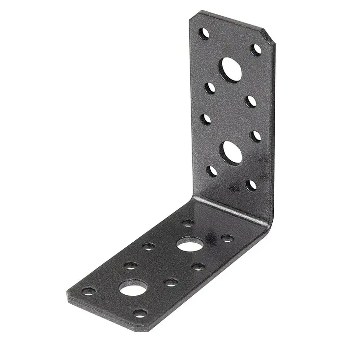 Alberts Conector en ángulo Duravis® - L x An x Al: 90 x 90 x 40 mm, Diamante negro, Espesor: 3 mm - Primer plano de un soporte de ángulo metálico con múltiples orificios de montaje sobre un fondo negro.