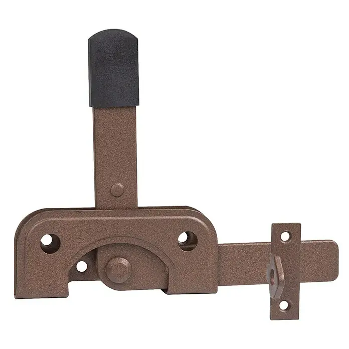 Alberts Gartentorfalle Duravis® - L x B x H: 195 x 160 x 17 mm, Rostbraun - Nahaufnahme eines braunen, robusten Fallriegels mit einem schwarzen Gummistopfen für zusätzliche Sicherheit und Haltbarkeit.