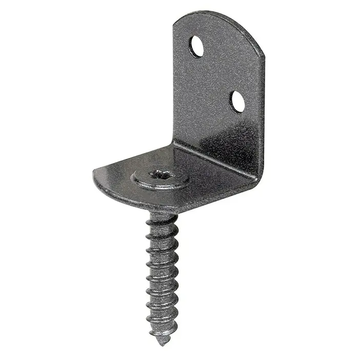 Alberts Soporte para valla Duravis® - L x An x Al: 83 x 32 x 30 mm, Diamante negro - Imagen de un tornillo angular negro. Es perfecto para fijar objetos en interiores o exteriores. Cuenta con dos agujeros y un tornillo.