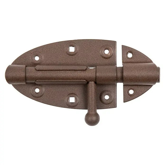 Alberts Grendelriegel Duravis® - L x B x H: 90 x 44 x 41 mm, Stahl, Rostbraun - Nahaufnahme eines braunen Schubriegels. Dieses hochwertige Türschloss bietet Sicherheit und ist einfach zu montieren. Ideal für Türen und Tore.