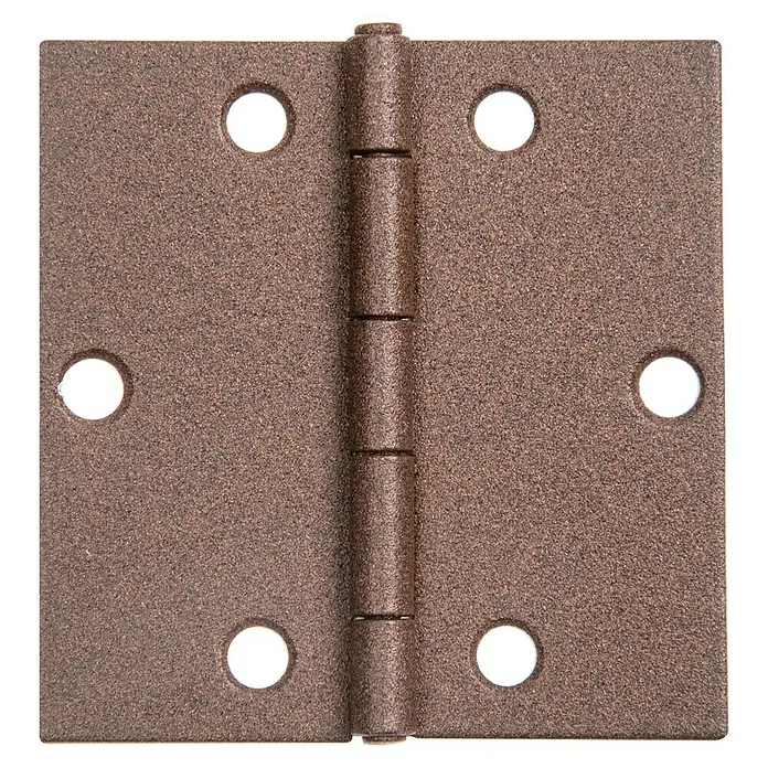 Alberts Bisagra Duravis® - L x An: 64 x 64 mm, Marrón óxido - Primer plano de una bisagra de puerta cuadrada de color bronce con seis agujeros de montaje sobre un fondo negro.
