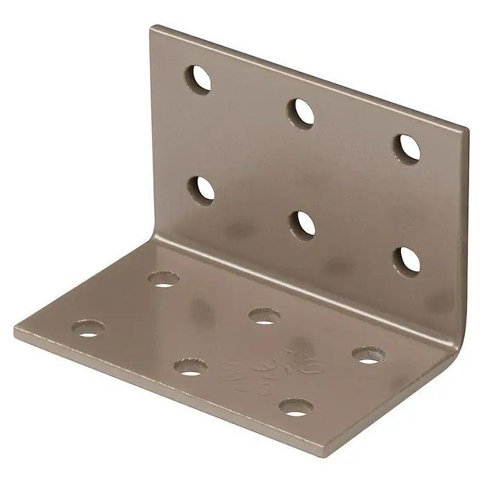 Alberts Lochplattenwinkel Duravis® - L x B x H: 60 x 40 x 40 mm, Perlbeige - Nahaufnahme einer Winkelplatte aus Metall in neutraler Farbe mit zahlreichen Löchern auf schwarzem Hintergrund.
