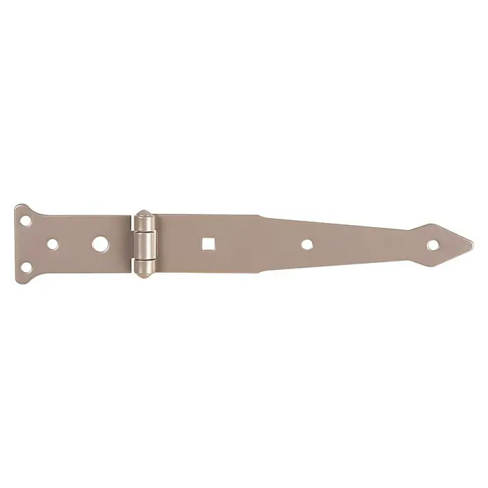 Alberts Werfgehänge Duravis® - L x B x S: 202 x 48 x 2,5 mm, Perlbeige - Detailaufnahme eines T-Bandes, einem Beschlag für Türen und Tore, auf schwarzem Hintergrund.