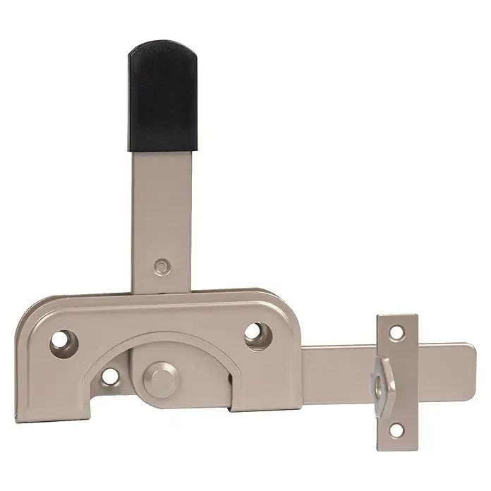 Alberts Gartentorfalle Duravis® - L x B x H: 195 x 160 x 17 mm, Perlbeige - Ein silberfarbener Fensterriegel mit einem schwarzen Griff für zusätzliche Sicherheit und Komfort.