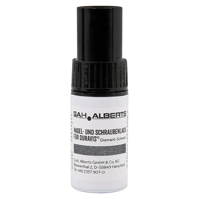 Alberts Lack - Schwarzdiamant - Nahaufnahme einer Flasche GAH Alberts Nagel- und Schraubenlack für Duravis Diamant-Schwarz.