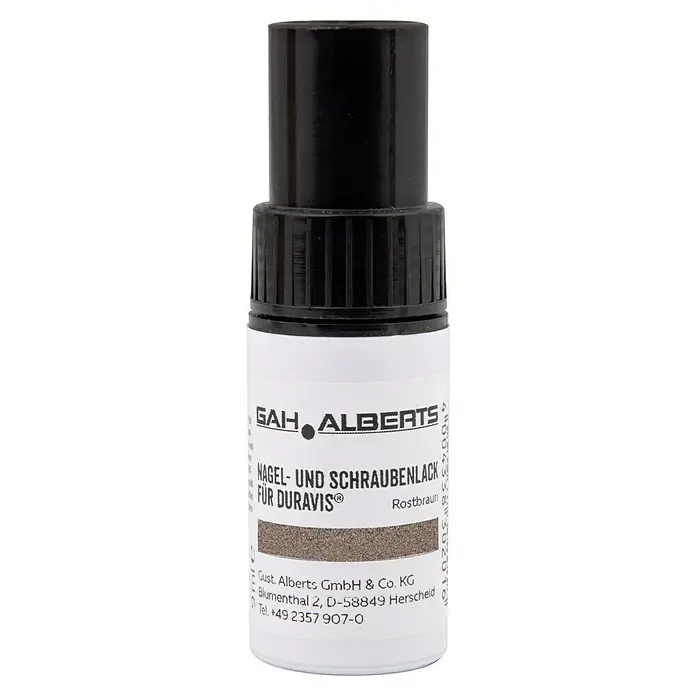 Alberts Lack - Rostbraun - Nagel- und Schraubenlack von GAH Alberts, Rostbraun. Ideal für DURAVIS. Detailaufnahme der Verpackung mit Herstellerinformationen.