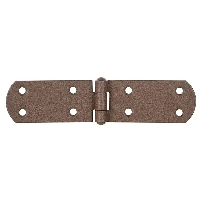 Alberts Bisagra perforada Duravis® - L x An x Es: 156 x 35 x 2 mm, Marrón óxido - Primer plano de una bisagra de correa marrón con extremos redondeados y orificios de montaje sobre un fondo negro.