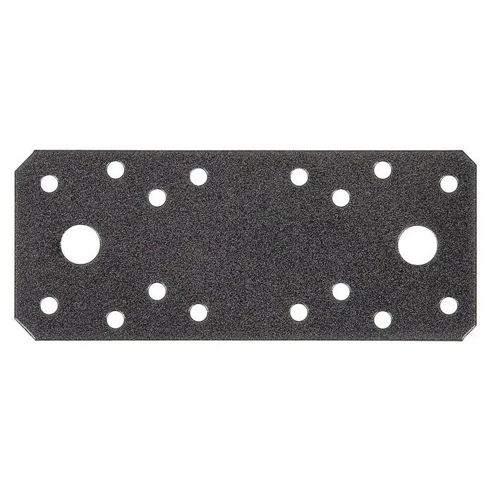 Alberts Pletina de ensamblaje - L x An x Es: 133 x 55 x 2 mm, Diamante negro - Imagen del producto de una placa metálica plana y rectangular con varios orificios. Ideal para proyectos de construcción.