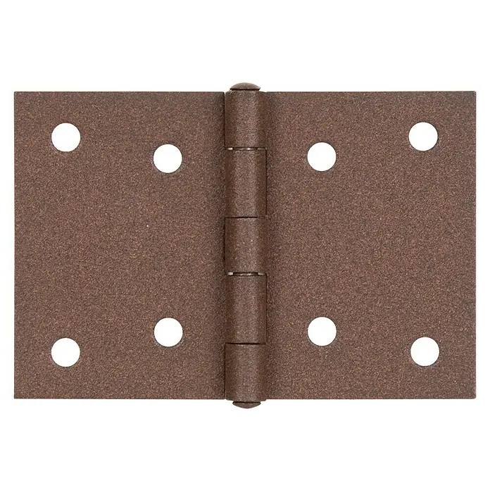 Alberts Bisagra Duravis® - L x An: 90 x 60 mm, Marrón óxido - Primer plano de una bisagra de puerta metálica con acabado rústico y orificios para tornillos visibles, ideal para proyectos de bricolaje.