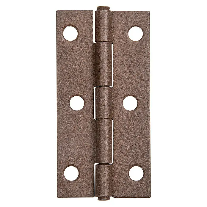 Alberts Bisagra Duravis® - L x An: 82 x 45 mm, Marrón óxido - Primer plano de una bisagra de puerta de color bronce con esquinas redondeadas y seis orificios de montaje para una fácil instalación.