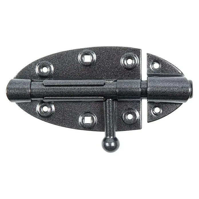 Alberts Grendelriegel Duravis® - L x B x H: 90 x 44 x 41 mm, Stahl, Schwarzdiamant - Nahaufnahme eines glänzenden, eisengrauen Riegels mit ovaler Platte und Drehknopf auf schwarzem Hintergrund.