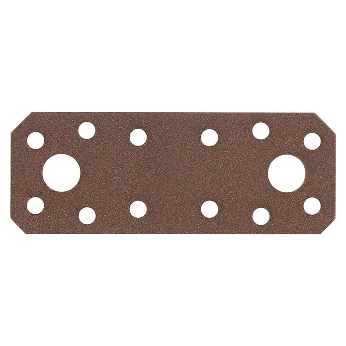 Alberts Pletina de ensamblaje - L x An x Es: 96 x 35 x 2 mm, Marrón óxido - Primer plano de una placa metálica rectangular perforada con múltiples agujeros pequeños y dos grandes sobre fondo negro.