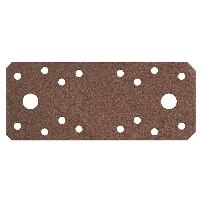 Alberts Pletina de ensamblaje - L x An x Es: 133 x 55 x 2 mm, Marrón óxido - Primer plano de una placa de conexión rectangular marrón con agujeros y esquinas en ángulo.
