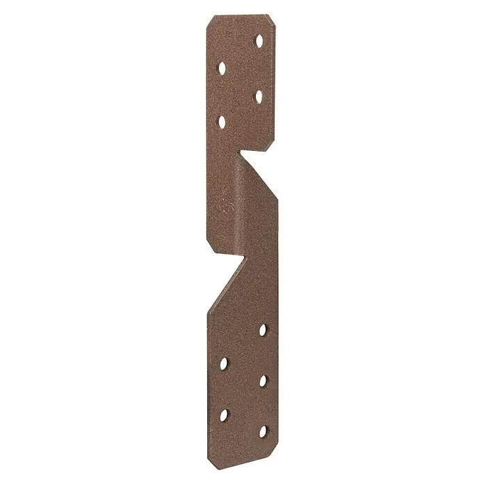 Alberts Escuadra asimétrica Duravis® - L x An x Al: 170 x 33 x 33 mm, Marrón óxido - Un soporte de viga de madera marrón con múltiples agujeros utilizado para la construcción de madera que proporciona estabilidad.