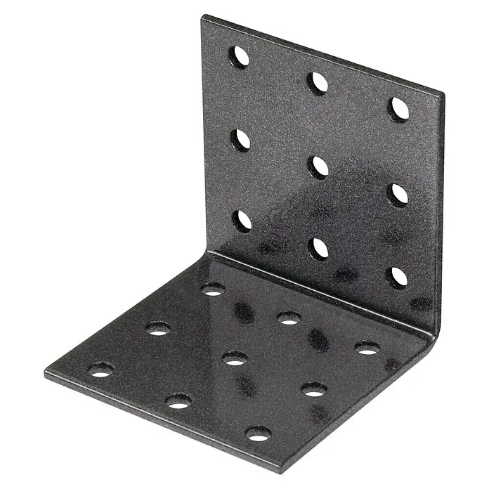 Alberts Lochplattenwinkel Duravis® - L x B x H: 60 x 60 x 60 mm, Schwarz - Nahaufnahme einer schwarzen, winkeligen Metallhalterung mit mehreren Löchern zur Befestigung, die für Stabilität sorgt.