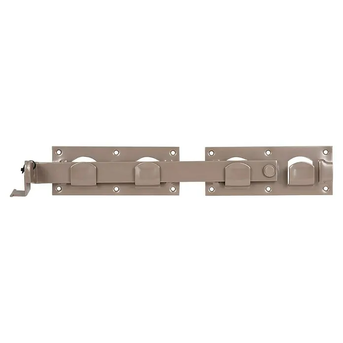 Alberts Doppeltorüberwurf Duravis® - L x B x H: 423 x 70 x 58 mm, Perlbeige - Nahaufnahme eines langen, beigefarbenen Riegelverschlusses mit mehreren Befestigungspunkten und einem seitlichen Drehmechanismus.