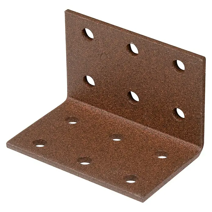 Alberts Lochplattenwinkel Duravis® - L x B x H: 60 x 40 x 40 mm, Rostbraun - Ein brauner Winkelverbinder mit Löchern zur Befestigung von Holz oder Metall. Ideal für DIY-Projekte und zur Verstärkung von Verbindungen.