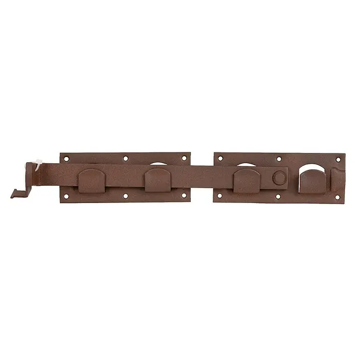 Alberts Doppeltorüberwurf Duravis® - L x B x H: 423 x 70 x 58 mm, Rostbraun - Ein brauner, langer Türriegel ist mittig vor einem schwarzen Hintergrund platziert. Der Riegel ist aus Metall und hat mehrere Befestigungspunkte.