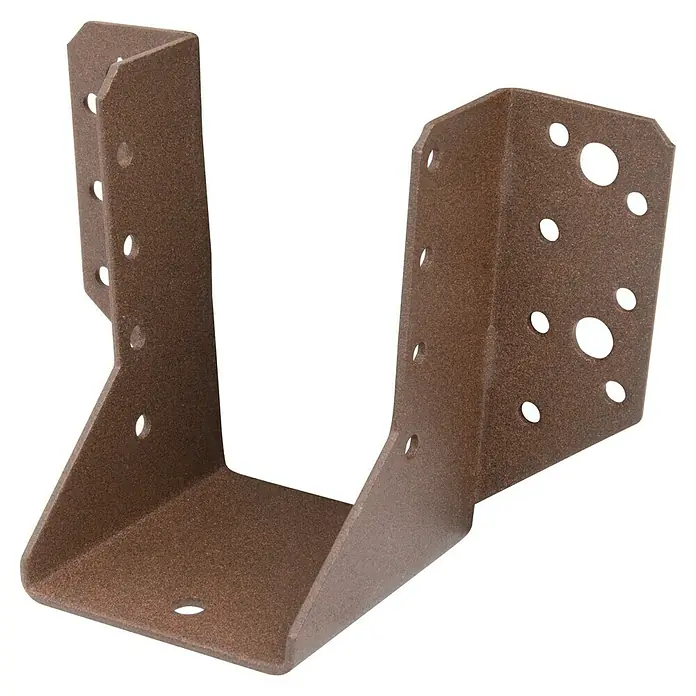 Alberts Balkenschuh Duravis® - B x H: 100 x 70 mm, Stahl, Rostbraun - Nahaufnahme eines braunen Balkenschuhs mit zahlreichen Löchern zur Befestigung. Das Metallprodukt ist für Bauprojekte konzipiert.