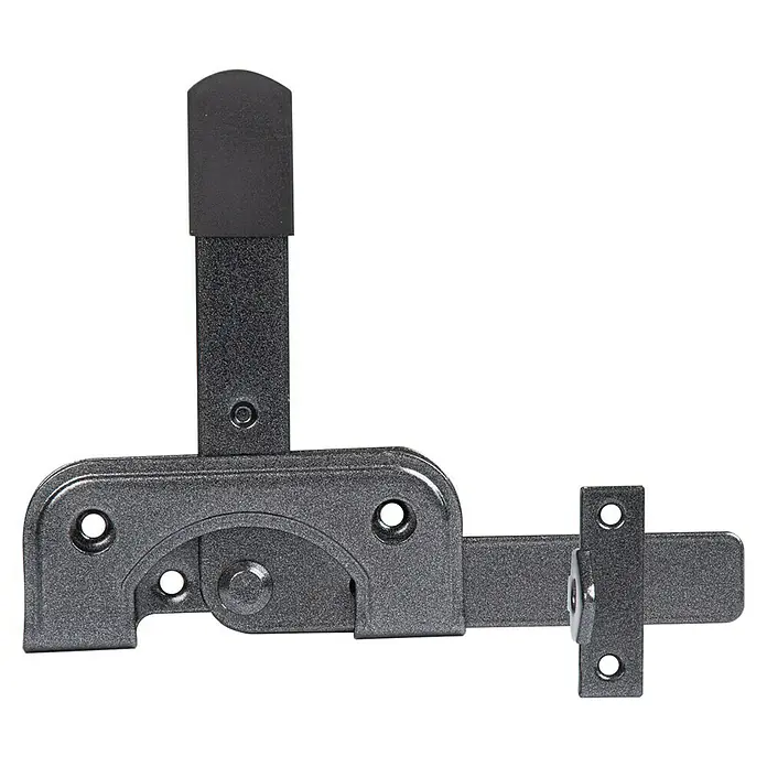 Alberts Gartentorfalle Duravis® - L x B x H: 195 x 160 x 17 mm, Schwarzdiamant - Nahaufnahme eines stabilen Türriegels aus Metall, ideal für zusätzliche Sicherheit und Privatsphäre in Ihrem Zuhause.